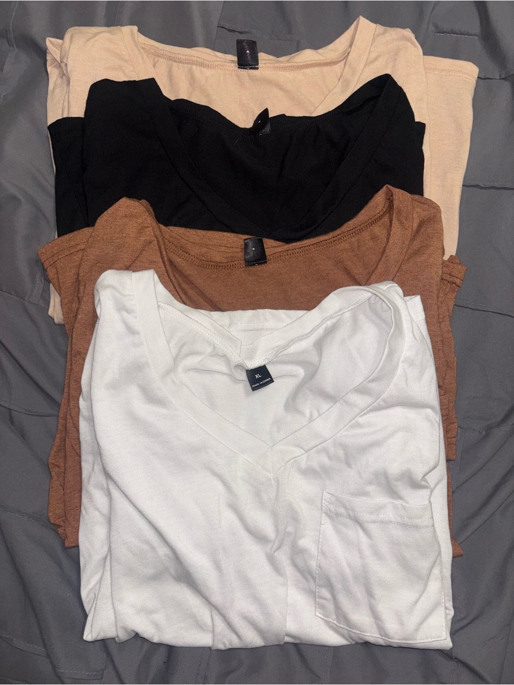 SHEIN Pack of V-Neck Short Sleeve Pocket Tees - White, Black, Brown, Beige
